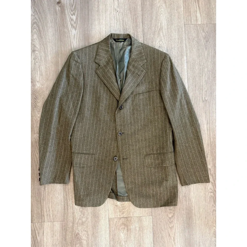 Vintage Norman Hilton 2 Piece Suit 38R 30x29 Olive Pin Stripe Wool Blazer 70s